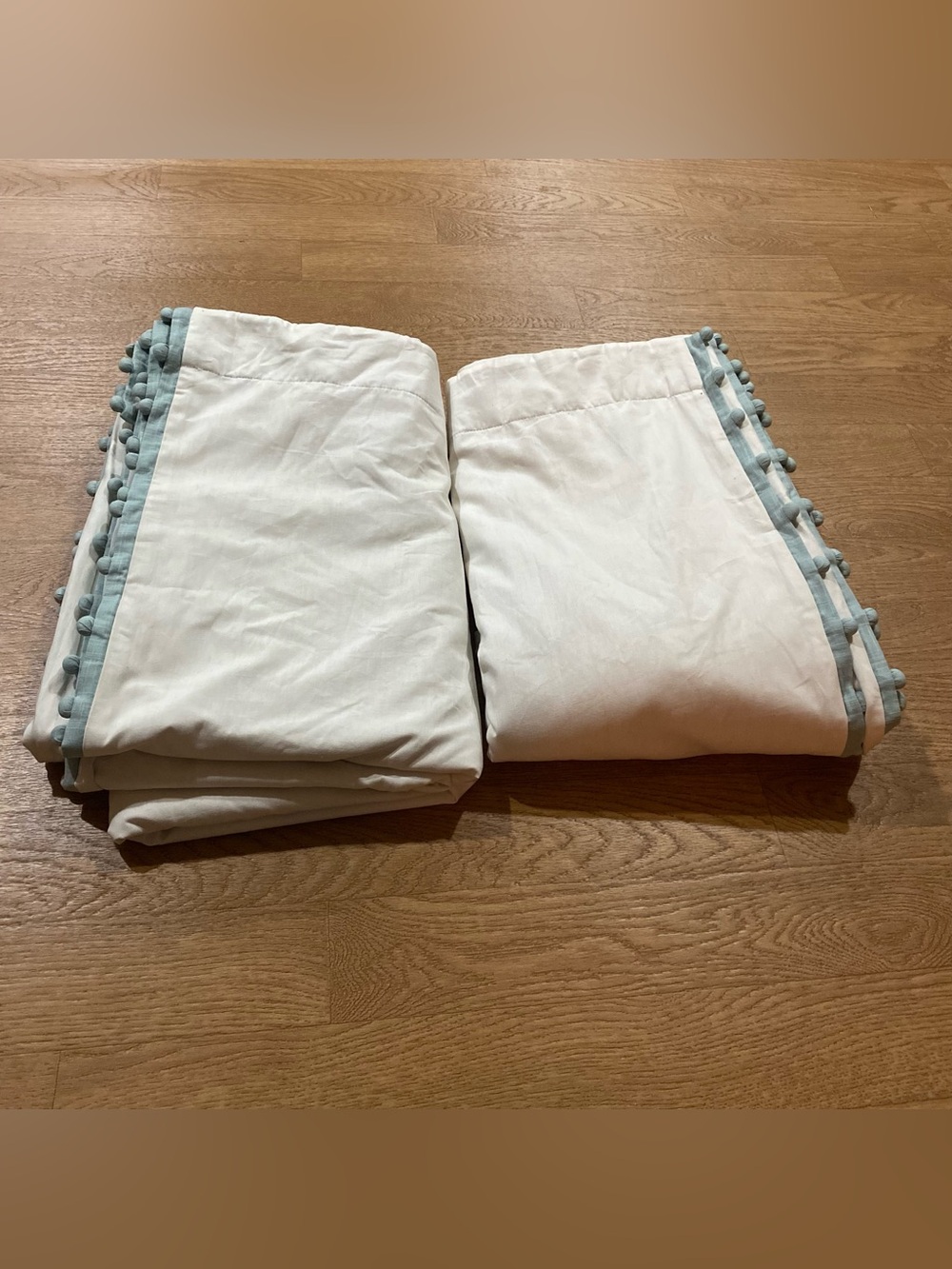 Pottery Barn Kids White Curtains with Dark teal Pom Trim 44 x 96 set of 2 Panels